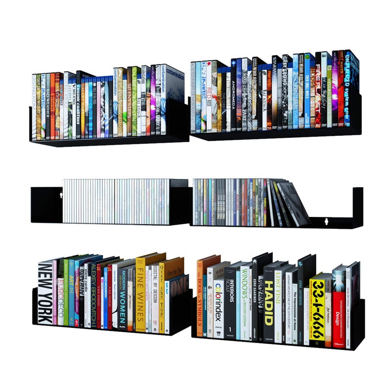 Wallniture رفوف عائمة على شكل U باللون الأسود من والنيتشر بالي، رفوف تخزين أقراص CD و DVD ومجموعة رفوف معدنية مكونة من 6 قطع - Image 1
